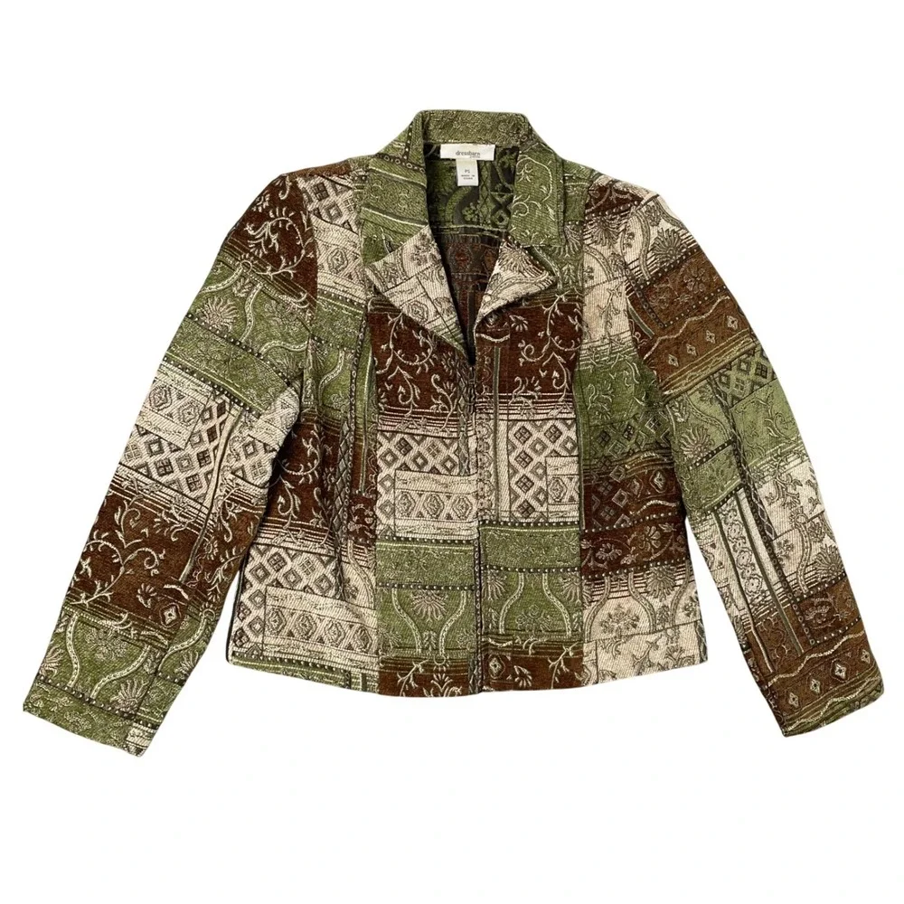 Vintage Patchwork Tapestry Jacket Womens Green Brown Whimsigoth Fairycore Earthy